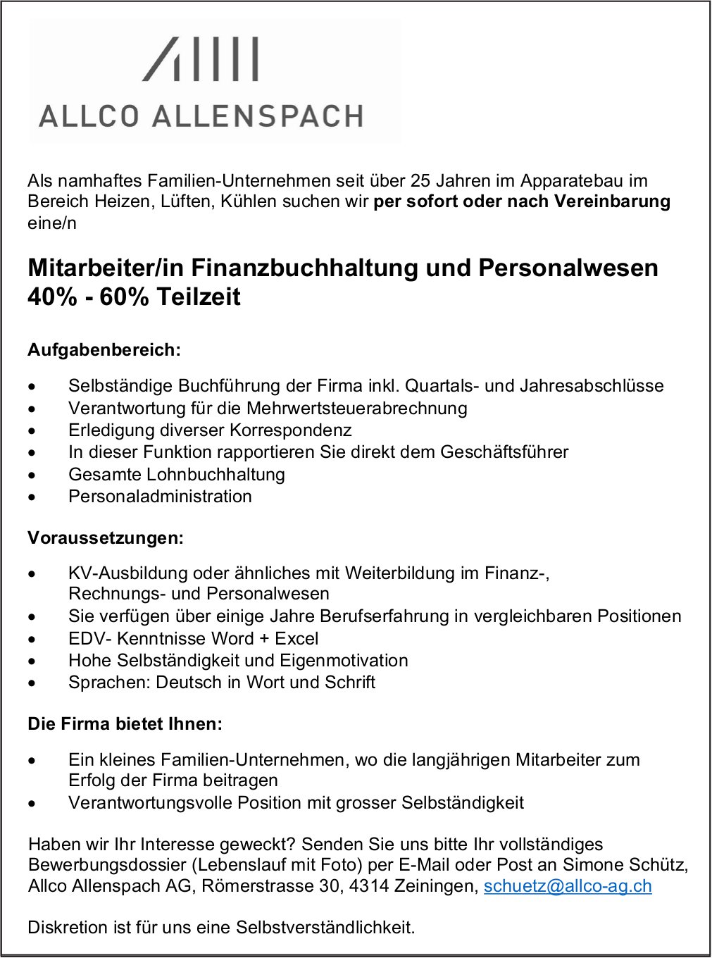 Mitarbeiter/in Finanzbuchhaltung und Personalwesen 40-60% Teilzeit, Allco Allenspach AG, Zeiningen, Gesucht