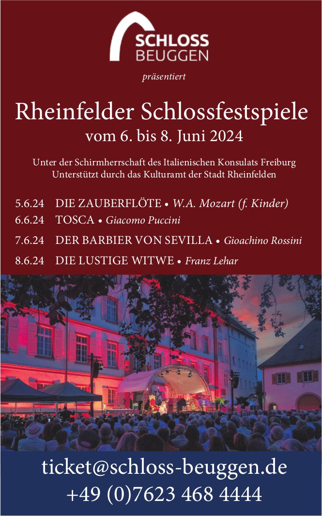 Schlossfestspiele, 6. bis 8. Juni, Schloss Beuggen, Rheinfelden