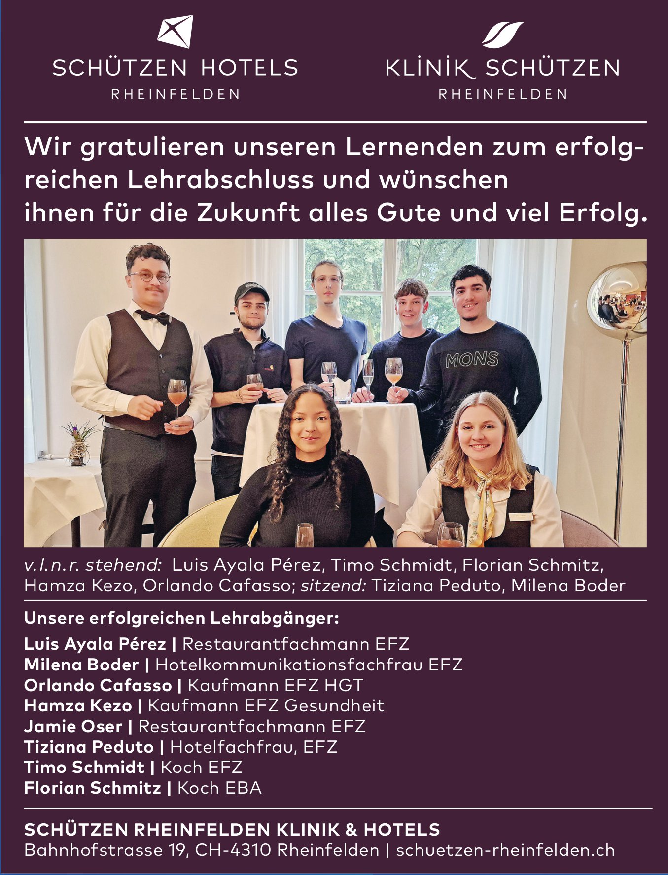 Schützen Rheinfelden Klinik & Hotels, Wir gratulieren unseren Lernenden zum erfolg­ reichen Lehrabschluss