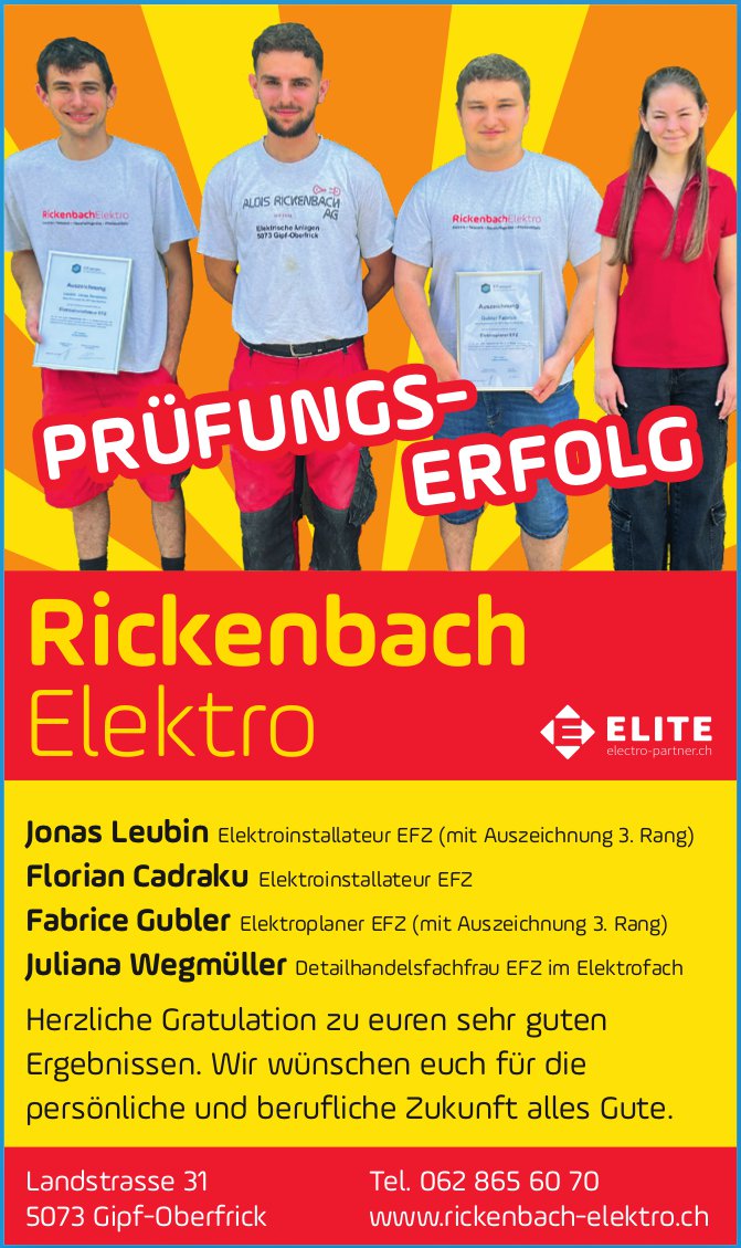 Rickenbach Elektro, Gipf-Oberfrick - Prüfungserfolg: Jonas Leubin, Florian Cadraku,  Fabrice Gubler und Juliana Wegmüller