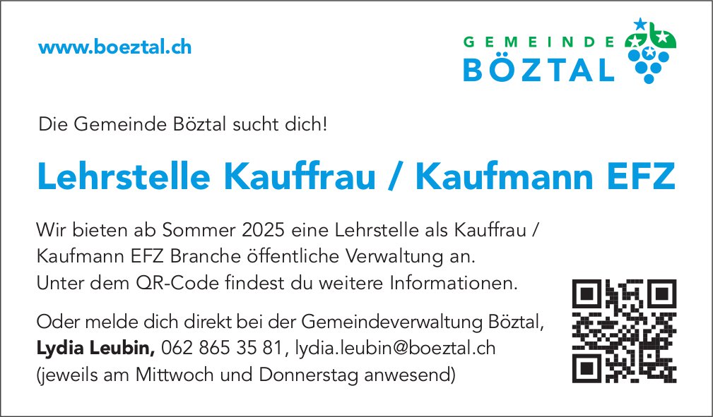 Lehrstelle als Kauffrau / Kaufmann EFZ, Gemeinde, Bötztal, zu vergeben
