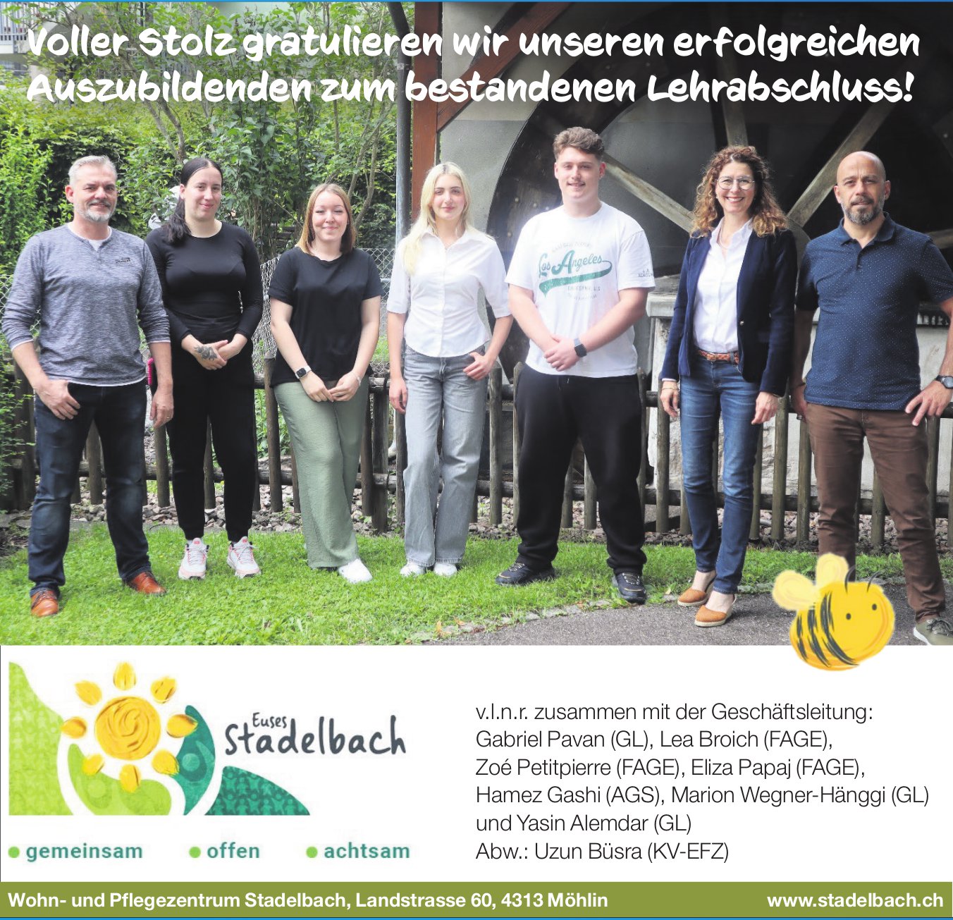 Wohn- und Pflegezentrum Stadelbach, Möhlin - Voller Stolz gratulieren wir unseren erfolgreichen Auszubildenden zum bestandenen Lehrabschluss