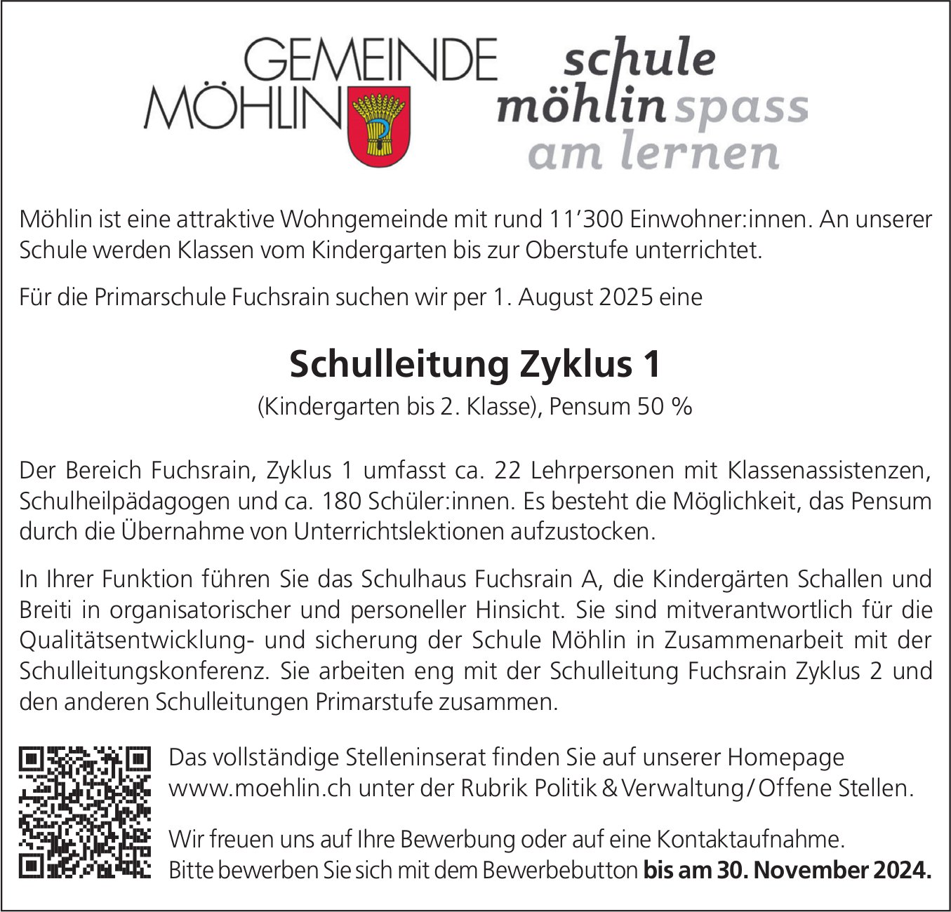 Schulleitung Zyklus 1, Gemeinde, Möhlin, gesucht