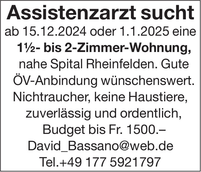 1.5- bis 2-Zimmer-Wohnung, Nahe Spital Rheinfelden, zu mieten gesucht