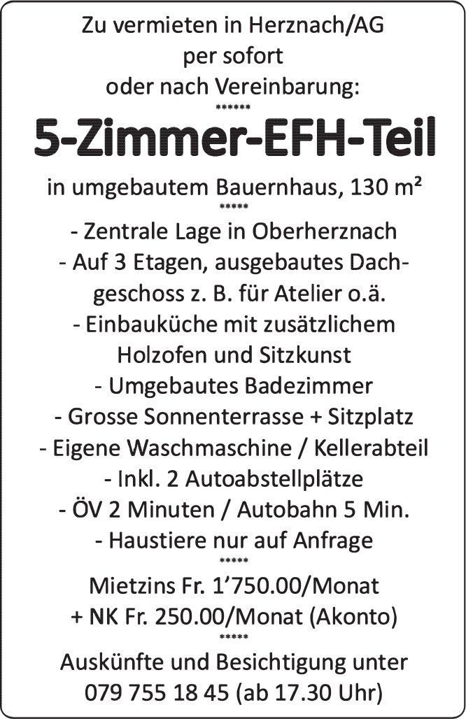 5-Zimmer-EFH-Teil, Herznach, zu vermieten