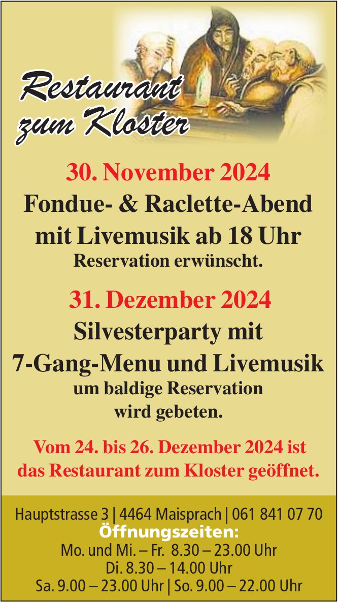 Fondue- & Raclette-Abend mit Livemusik, 30. November, Restaurant zum Kloster, Maisprach