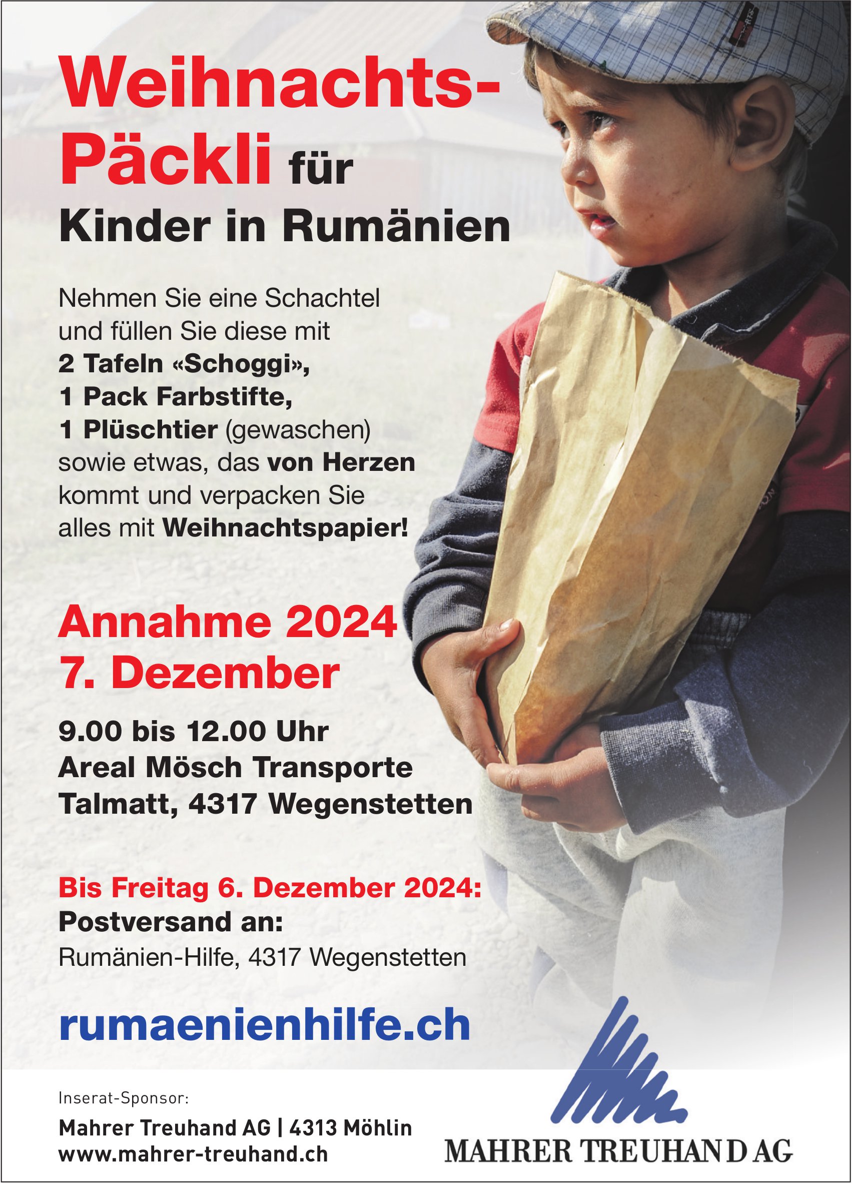 Weihnachtspäckli für Kinder in Rumänien, 7. Dezember, Areal Mösch Transporte, Wegenstetten