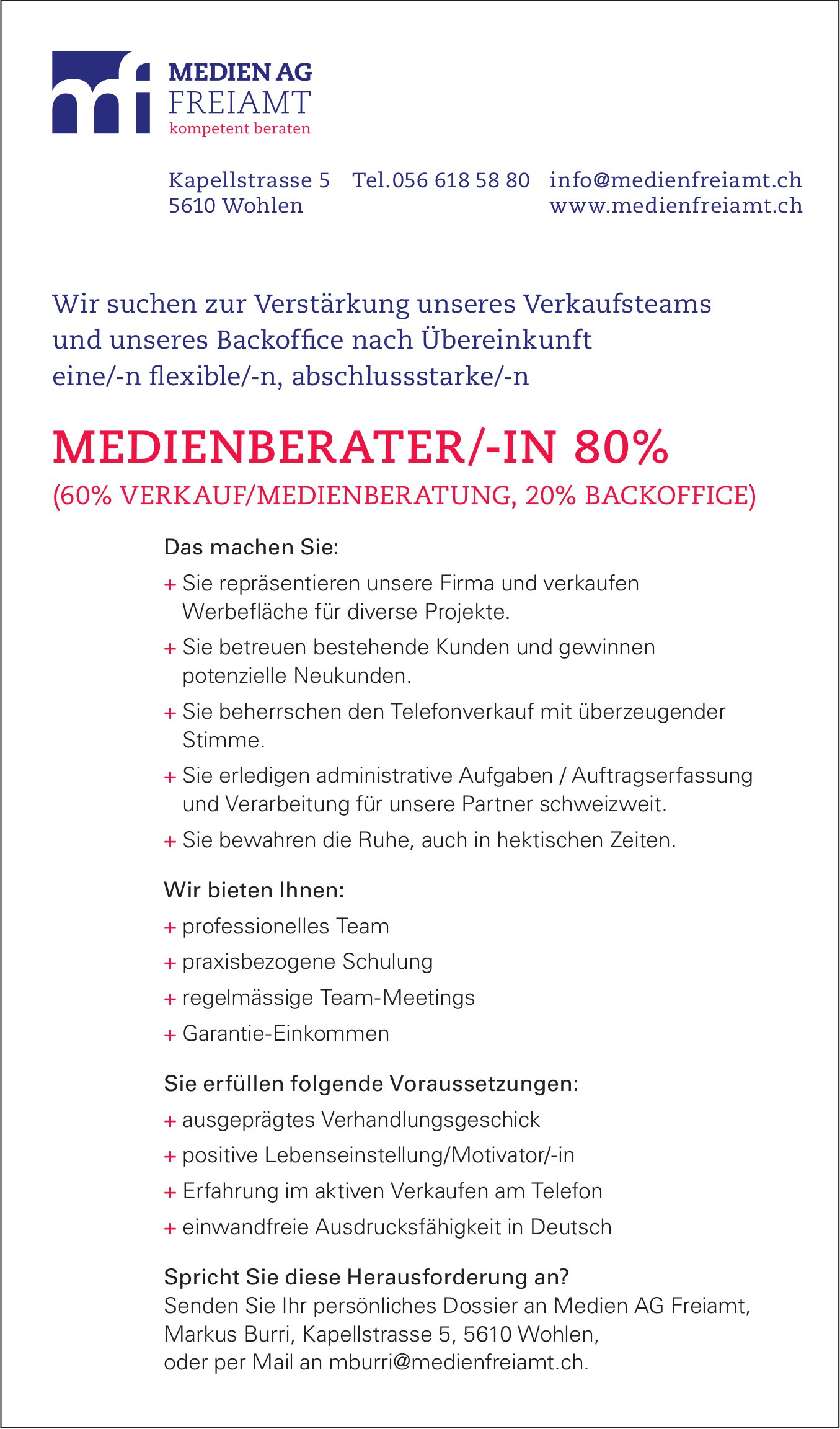 Medienberatier/-in 80%, Medien AG Freiamt, Wohlen, gesucht