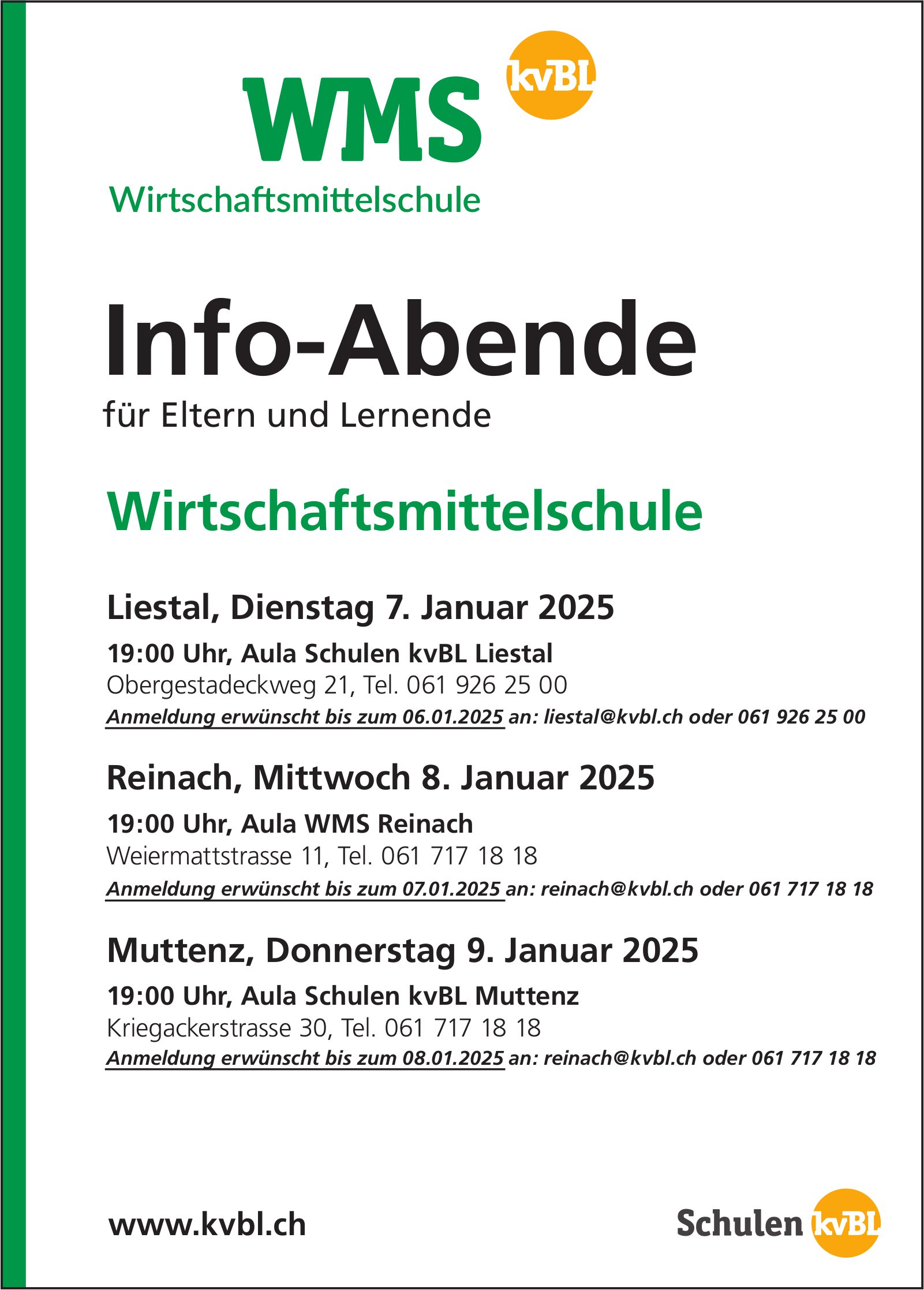 Info-Abende für Eltern und Lernende, 7. bis 9. Januar, Wirtschaftsmittelschule, Liestal, Reinach und Muttenz