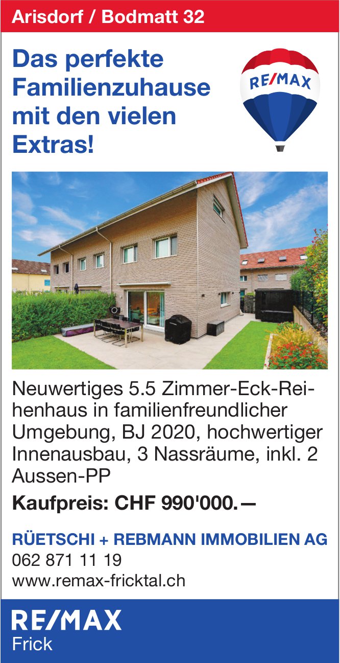 5.5-Zimmer-Eck-Reihenhaus, Arisdorf, zu verkaufen