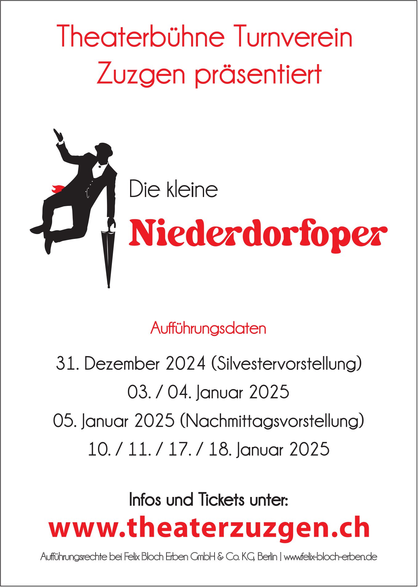 Die kleine Niederdorfoper, 31. Dezember, 3. bis 5. /10. und 11. & 17. und 18. Januar, Zuzgen