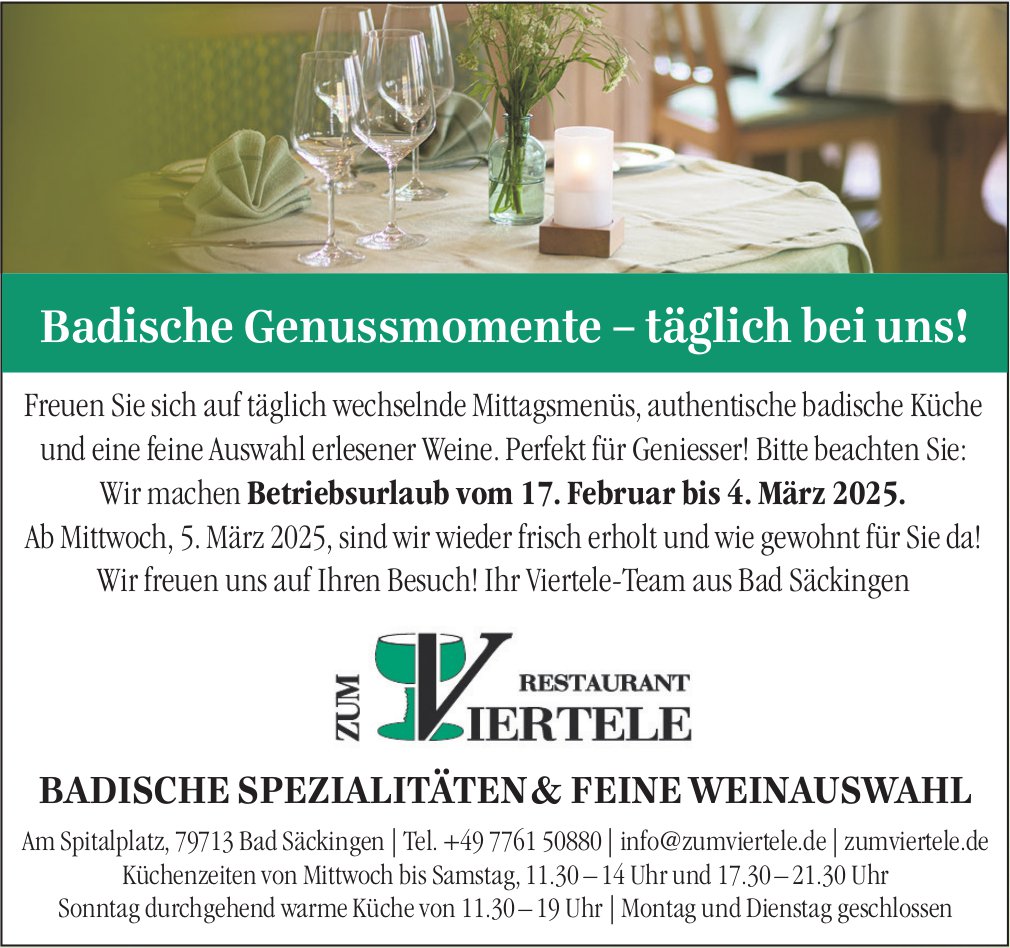 Restaurant zum Viertele, Bad Säckingen - Badische Spezialitäten & feine Weinauswahl