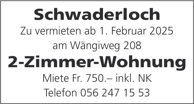 2-Zimmer-Wohnung, Schwaderloch, zu vermieten