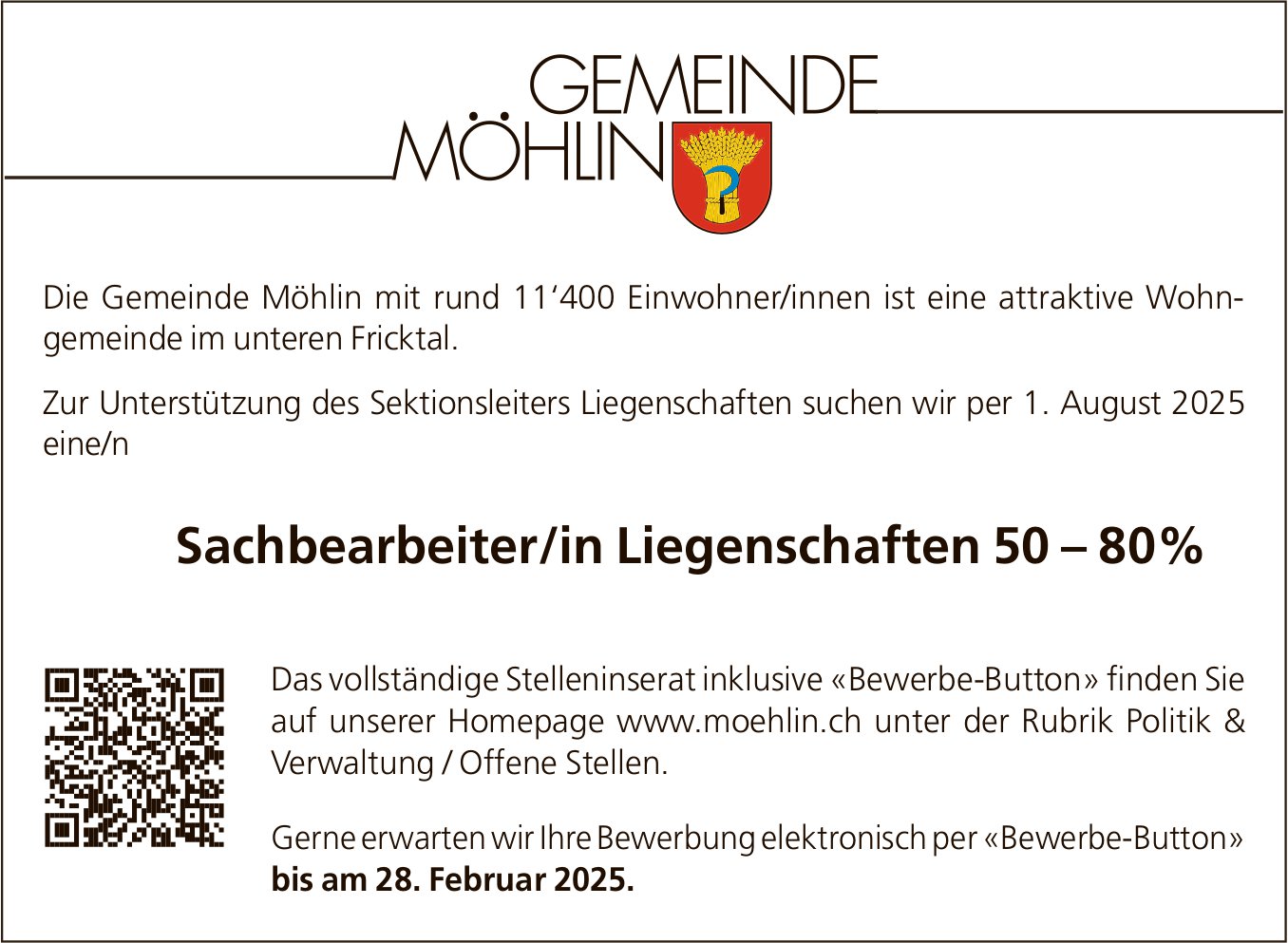 Sachbearbeiter/in Liegenschaften 50-80%, Gemeinde, Möhlin, gesucht