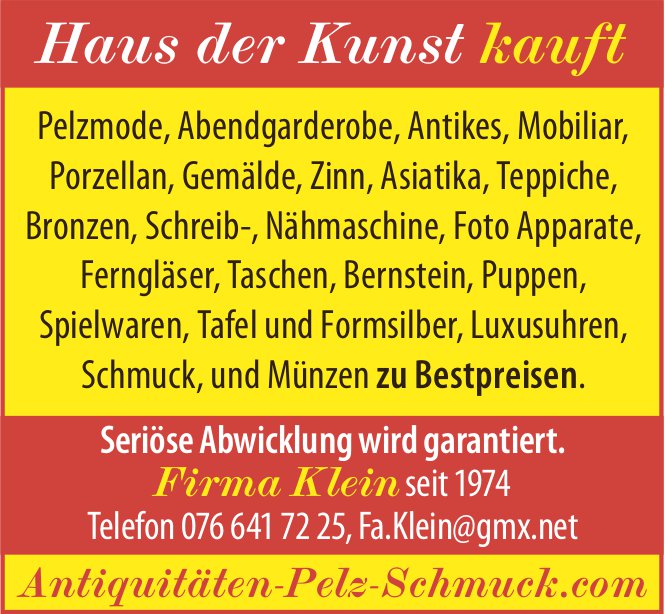 Firma Klein, Pelzmode, Abendgarderobe,  Antikes,  Mobiliar...