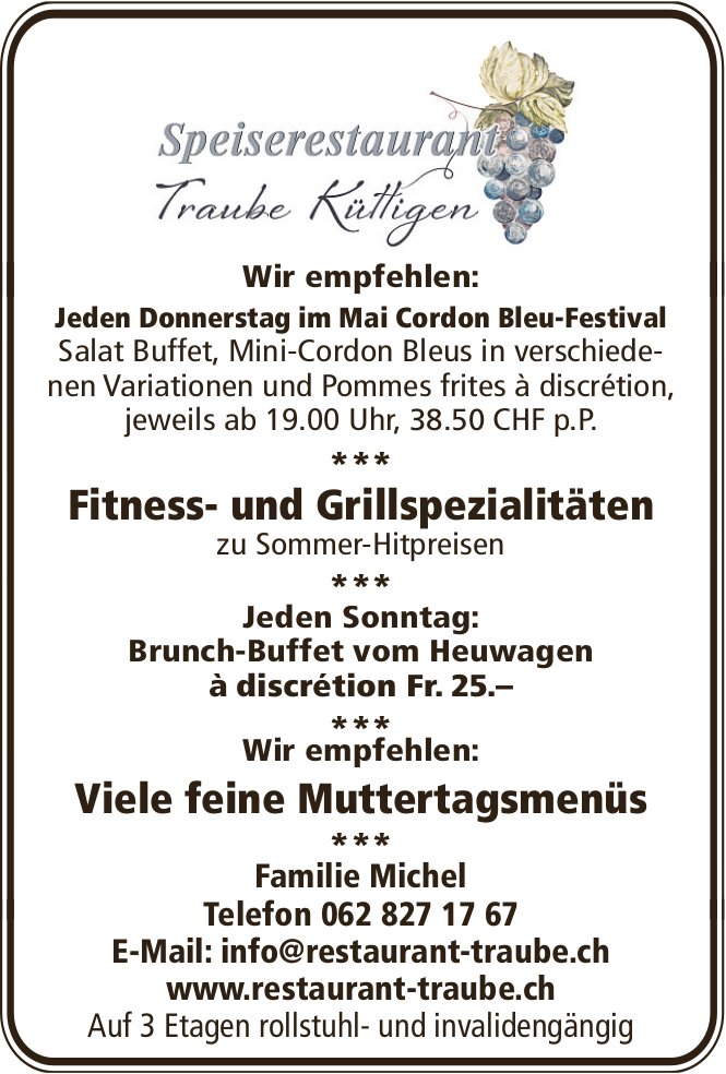 Restaurant Traube, Küttigen - Fitness-und Grillspezialitäten