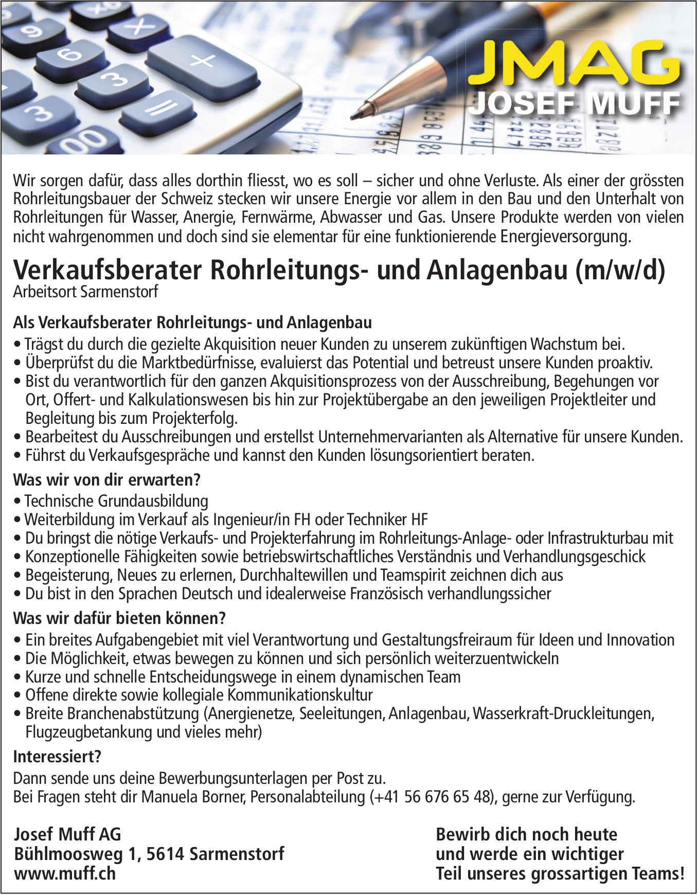 Verkaufsberater Rohrleitungs- und Anlagenbau (m/w/d), Josef Muff AG, Sarmenstorf, gesucht