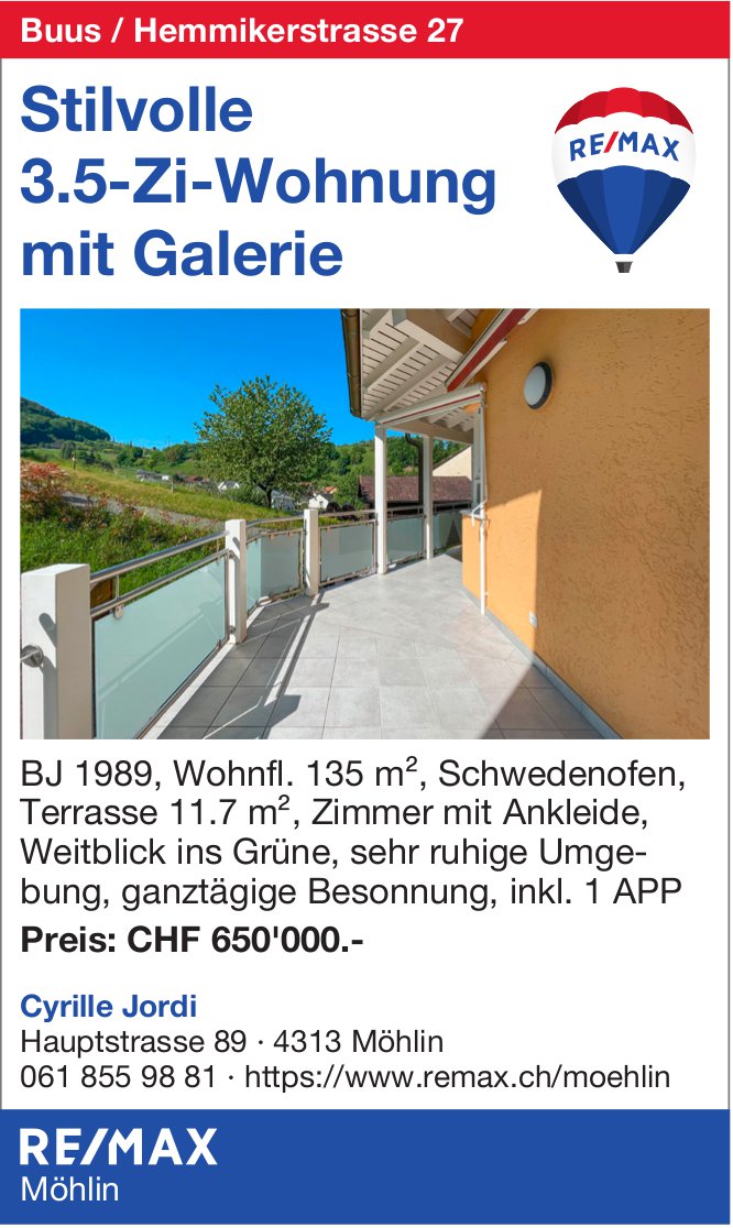 Stilvolle Wohnung mit Galerie in Buus, 3½-Zimmer-Wohnung, zu verkaufen