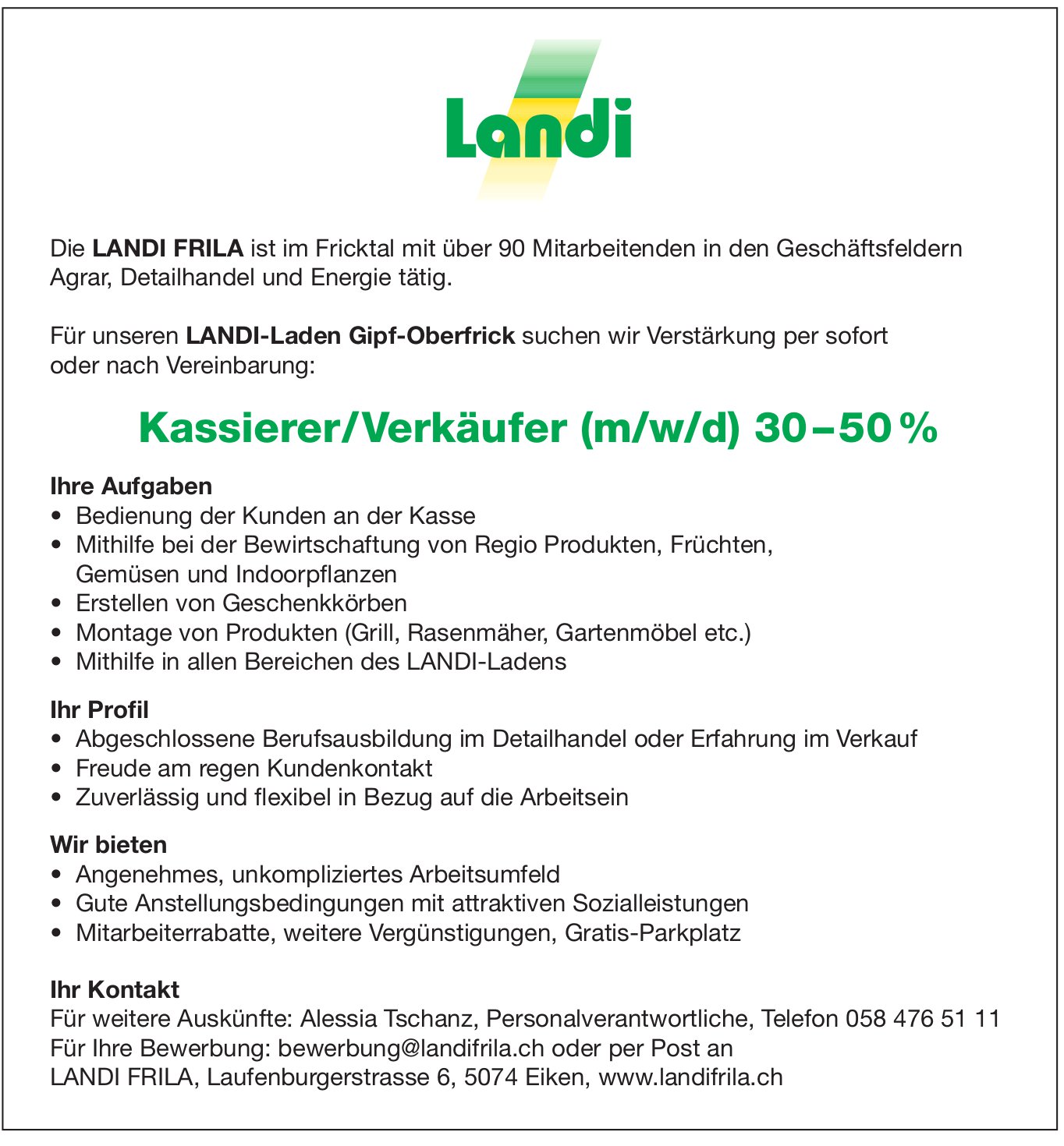 Kassierer/Verkäufer (m/w/d) 30 – 50 %, Landi Gipf-Oberfrick, gesucht