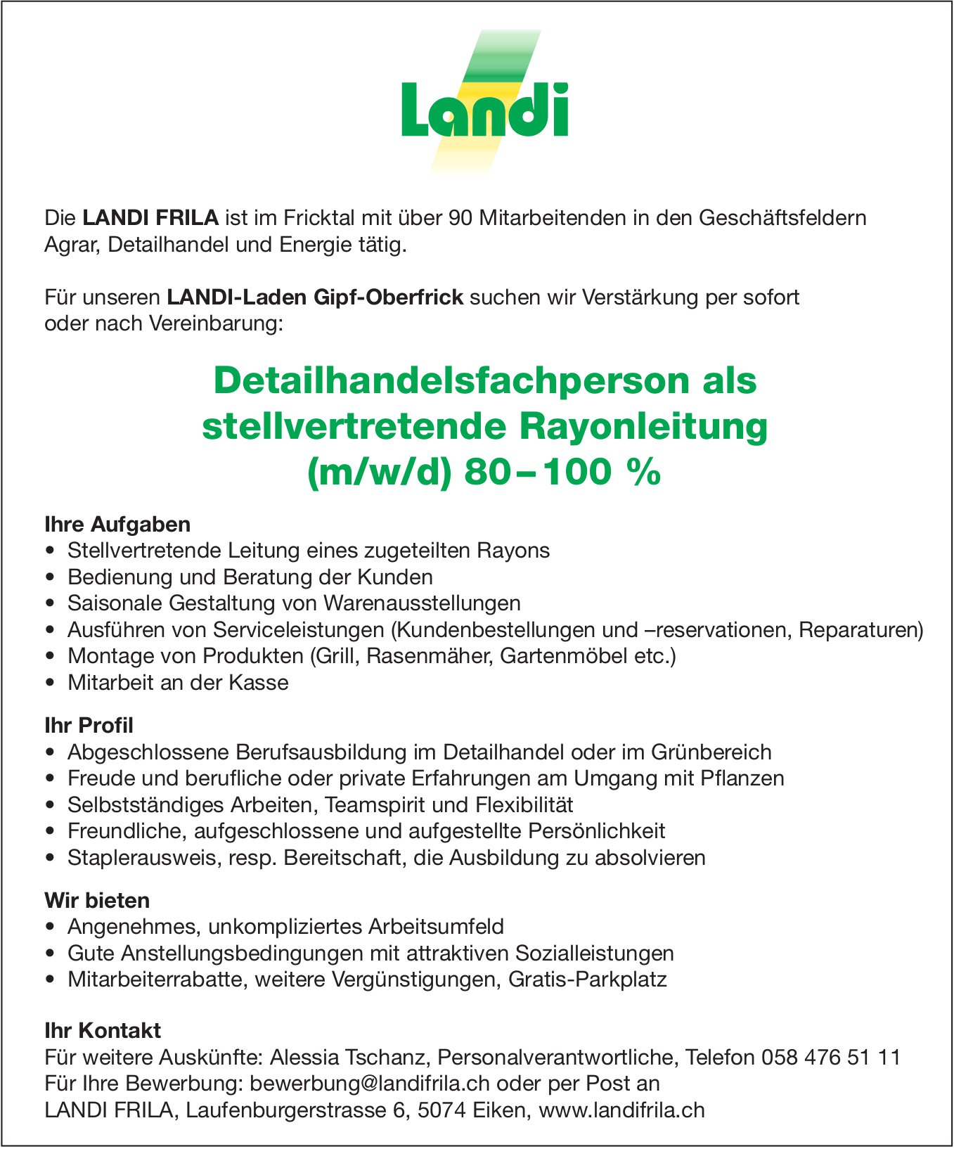 Detailhandelsfachperson als stellvertretende Rayonleitung (m/w/d) 80 – 100 %, Landi, gesucht