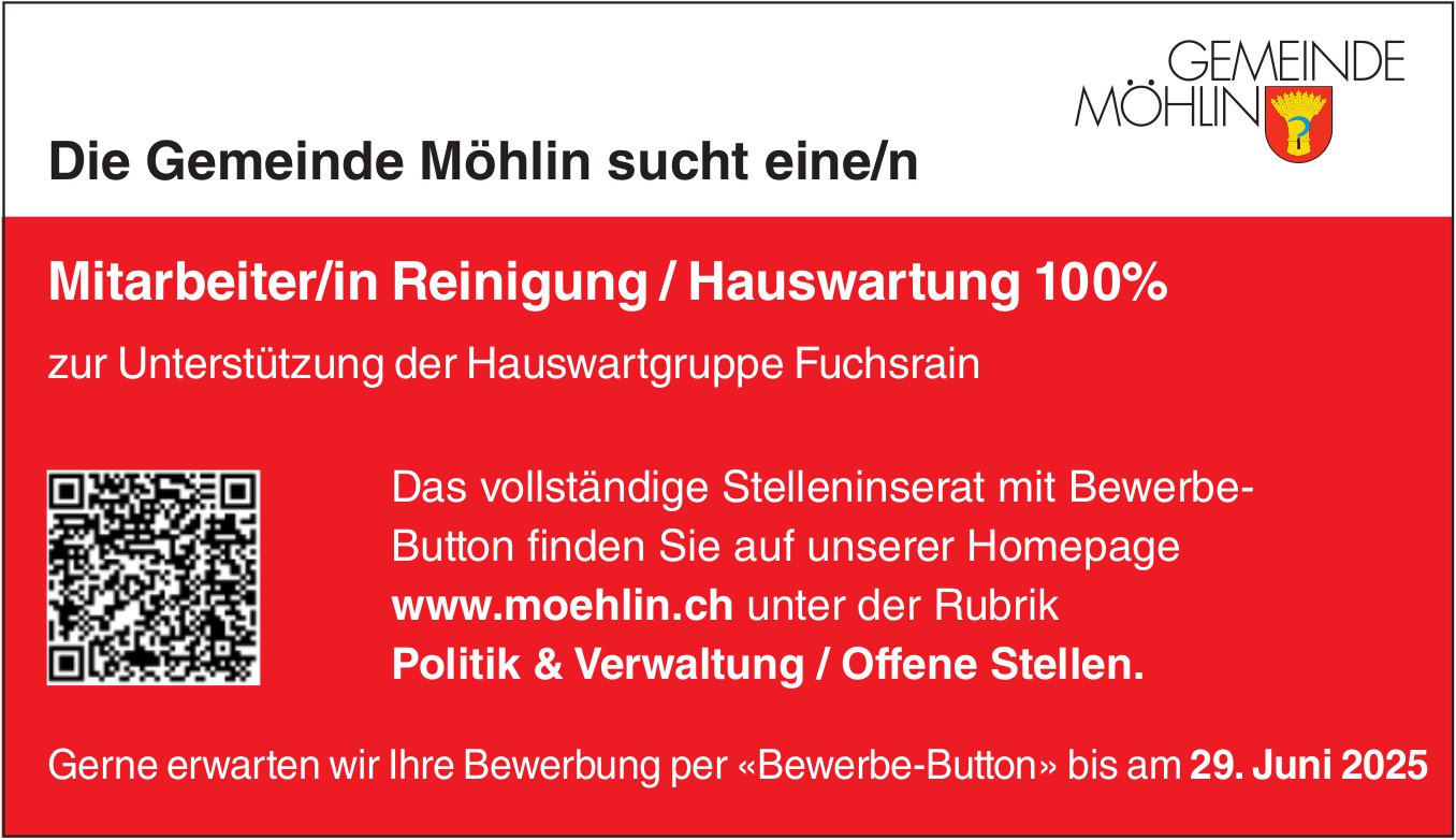 Die Gemeinde Möhlin sucht eine/n Mitarbeiter/in Reinigung / Hauswartung 100%, gesucht