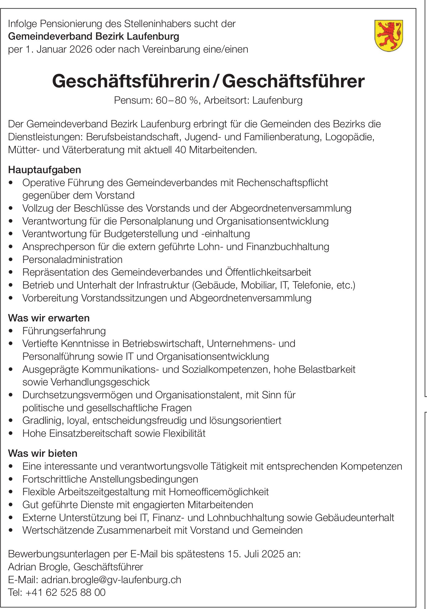 Geschäftsführerin / Geschäftsführer, Gemeindeverband Bezirk Laufenburg, gesucht