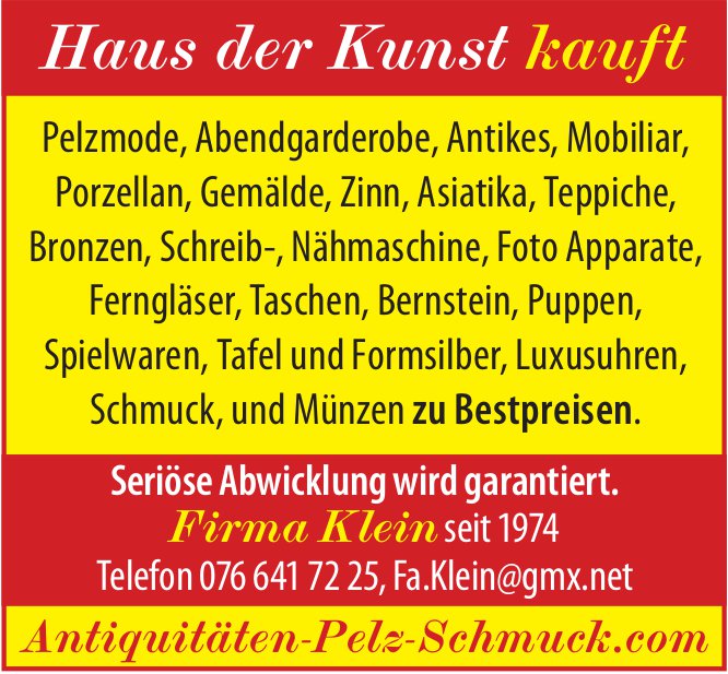Firma Klein, Pelzmode, Abendgarderobe,  Antikes,  Mobiliar...