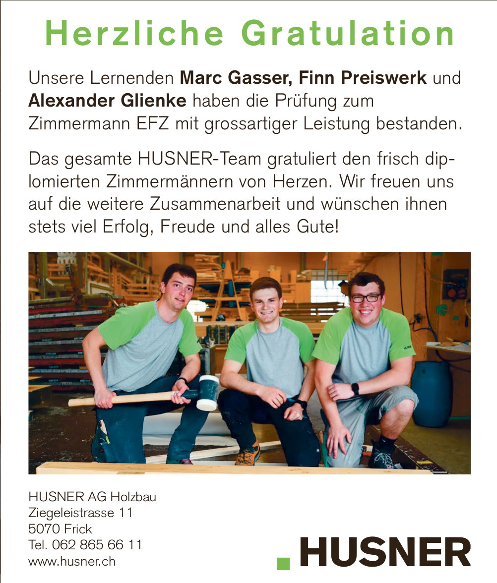 HUSNER AG, Frick - Herzliche Gratulation Marc Gasser, Finn Preiswerk und Alexander Glienke