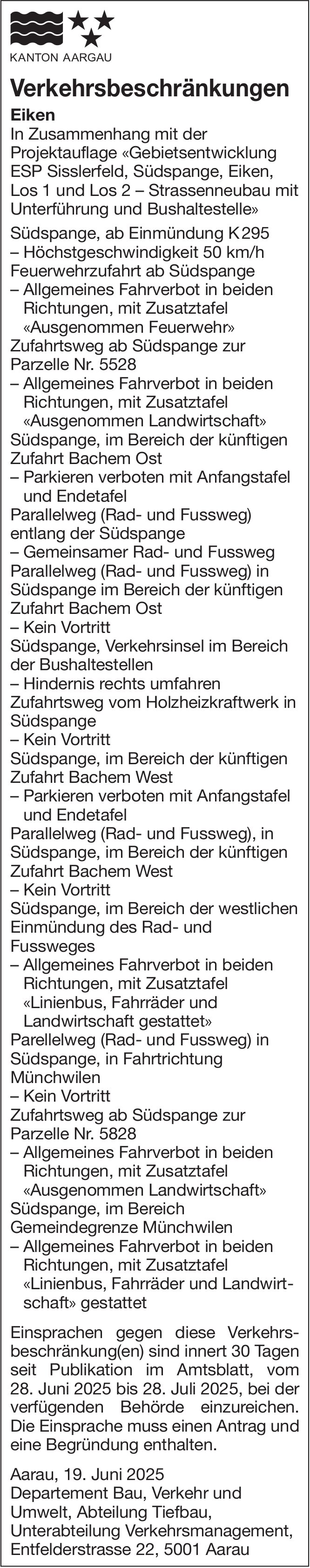 KANTON AARGAU, Verkehrsbeschränkungen