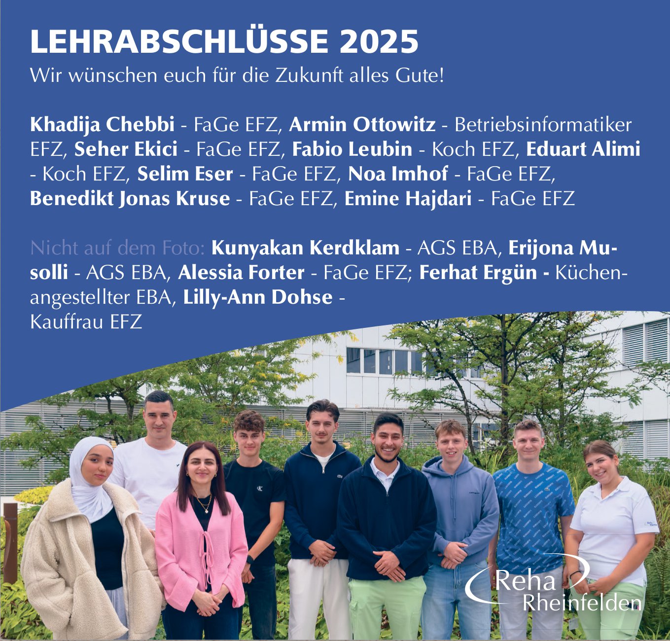 Reha Rheinfelden, Wir gratulieren den Lernenden zum Lehrabschluss