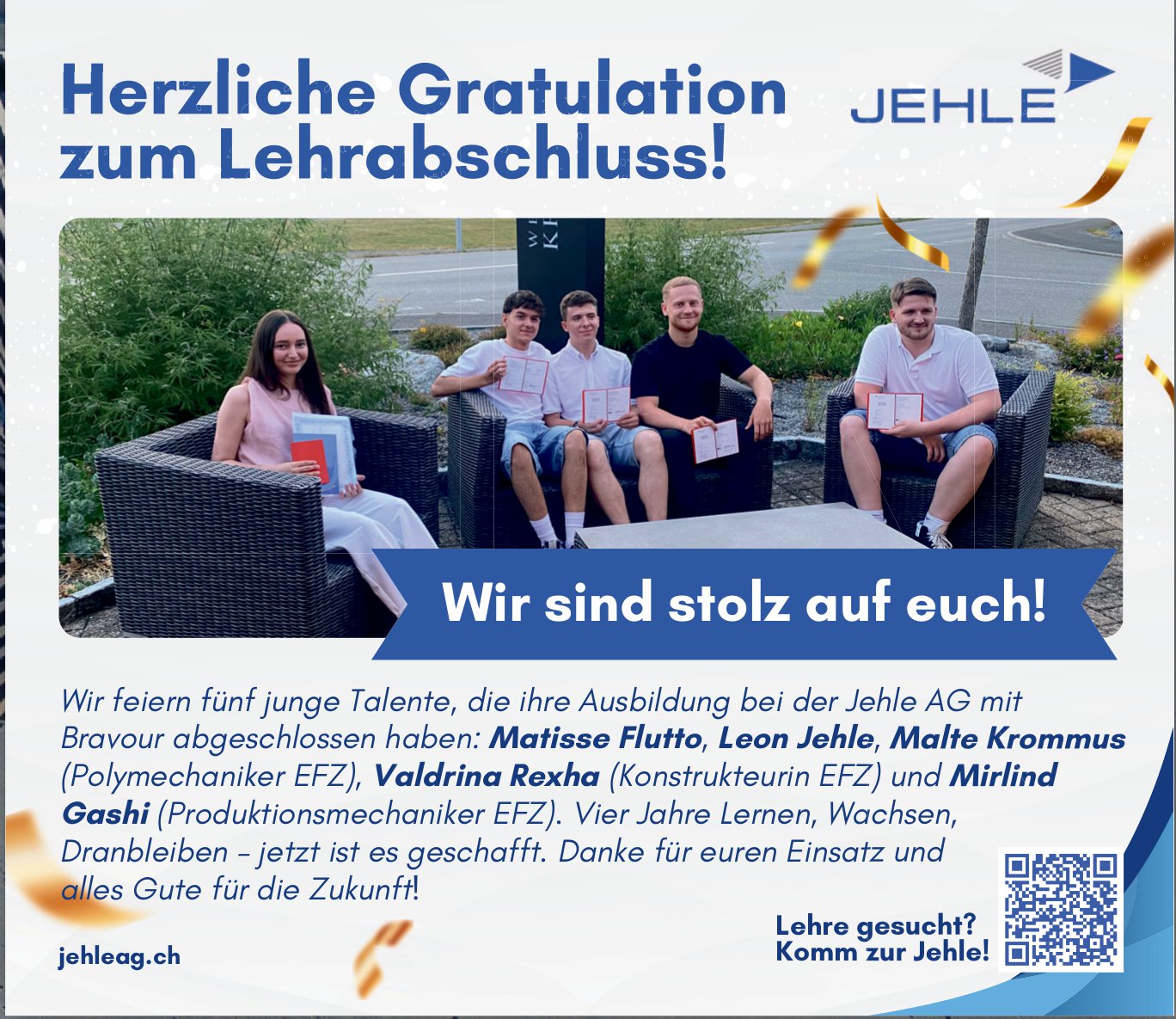 Jehle AG, Wir gratulieren zum Lehrabschluss!