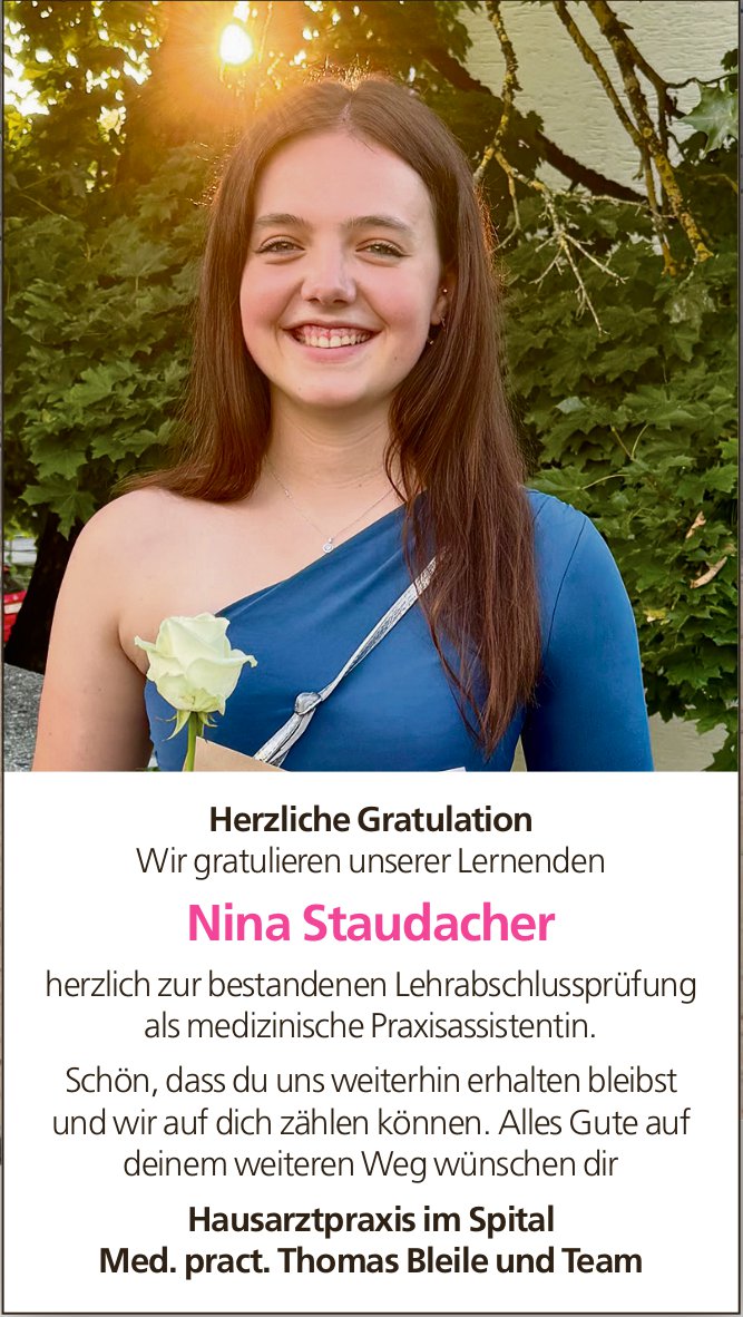 Hausarztpraxis im Spital, Wir gratulieren Nina Staudacher zur bestandenen Lehrabschlussprüfung