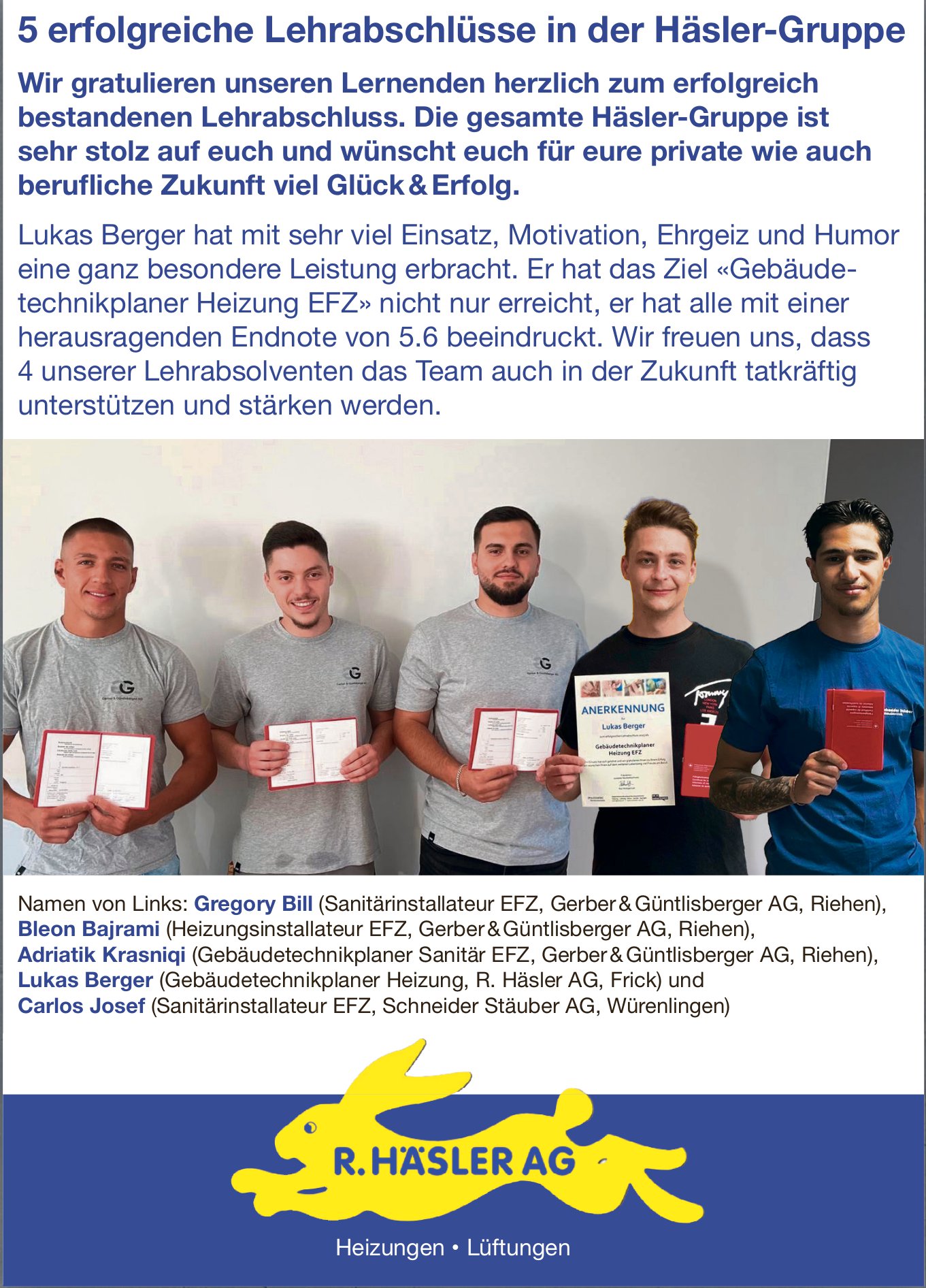 R. Häsler AG, Wir gratulieren unseren Lernenden zum erfolgreich bestandenen Lehrabschluss.