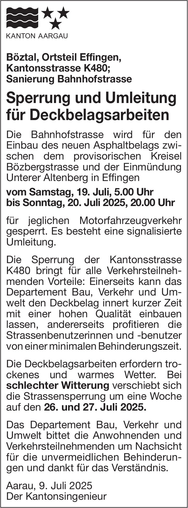 KANTON AARGAU, Sperrung und Umleitung für Deckbelagsarbeiten