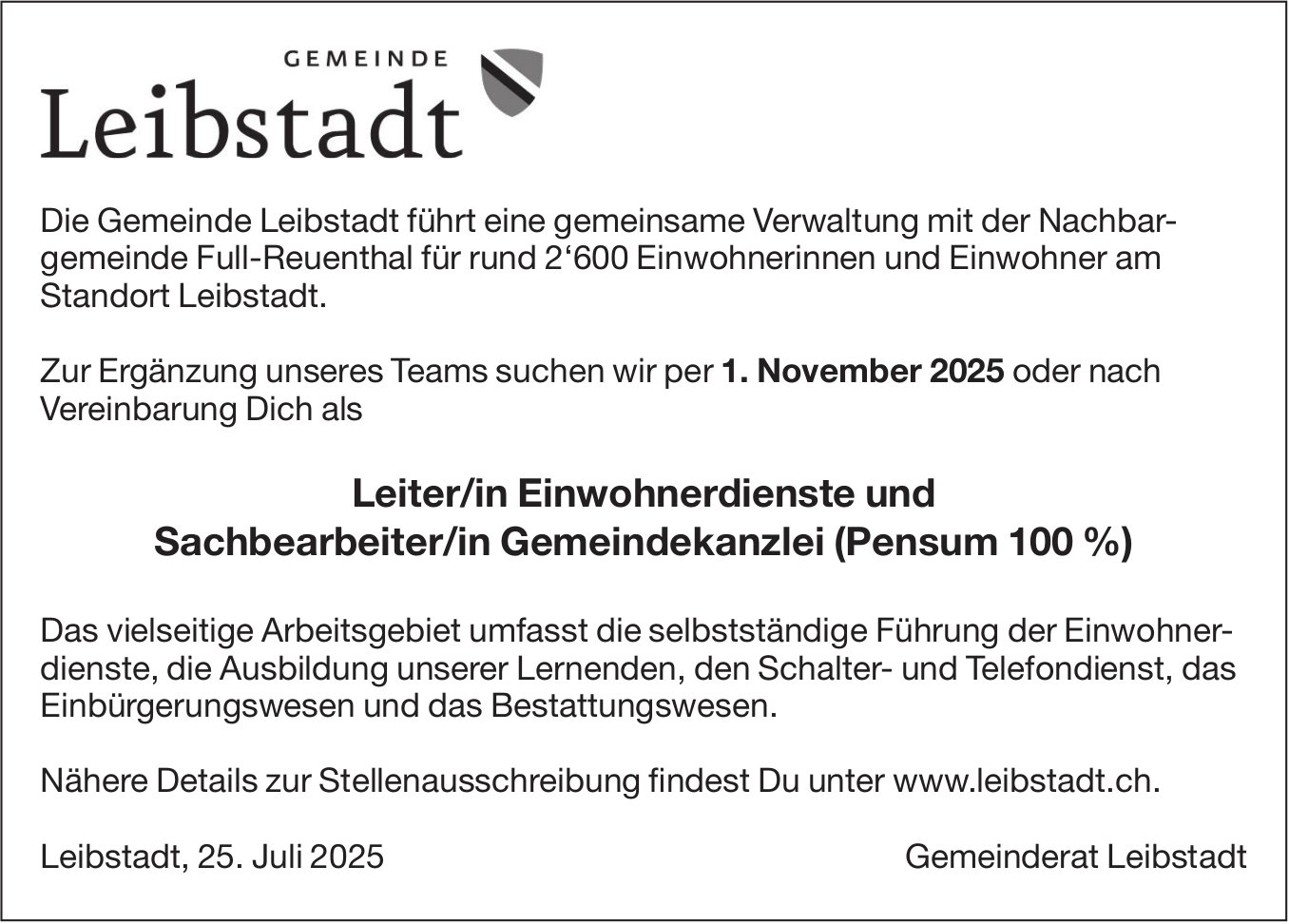 Leiter/in Einwohnerdienste und Sachbearbeiter/in Gemeindekanzlei (Pensum 100 %), Gemeinde Leibstadt, gesucht