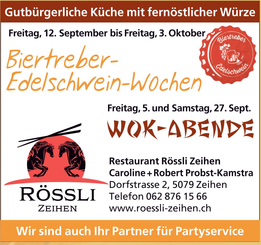 Biertreber-Edelschwein-Wochen, 12. September - 3. Oktober, Rössli Zeihen