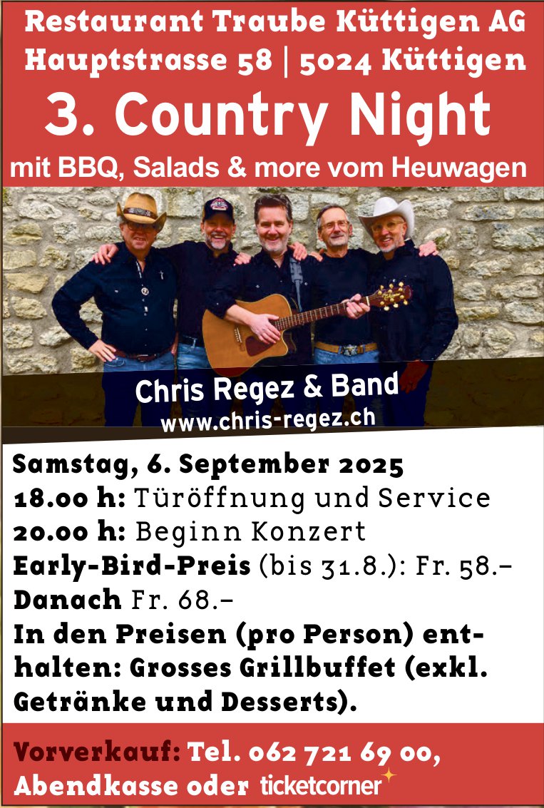 3. Country Night mit BBQ, Salads & more vom Heuwagen, 6. September, Restaurant Traube, Küttigen