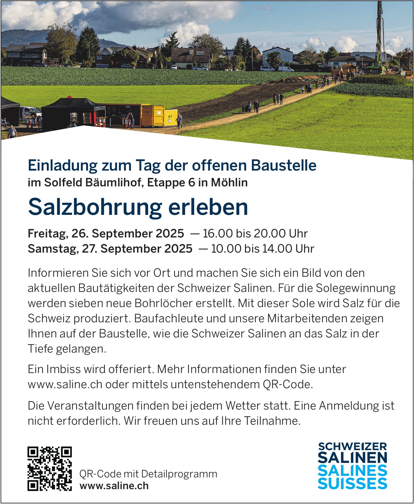 Tag der offenen Baustelle: Salzbohrung erleben, 26. - 27. September, Solfeld Bäumlihof, Möhlin