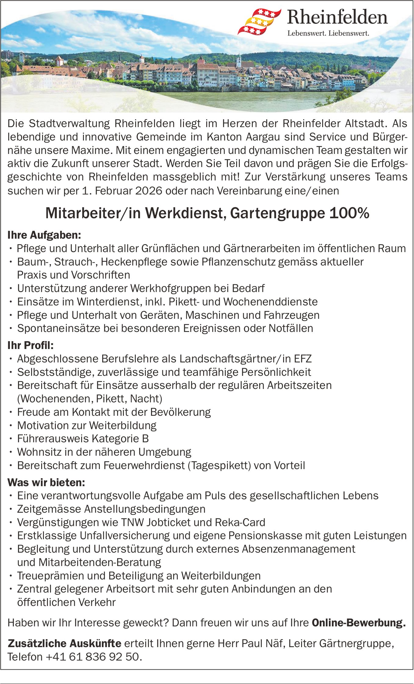 Mitarbeiter/in Werkdienst, Gartengruppe 100%, Rheinfelden, gesucht