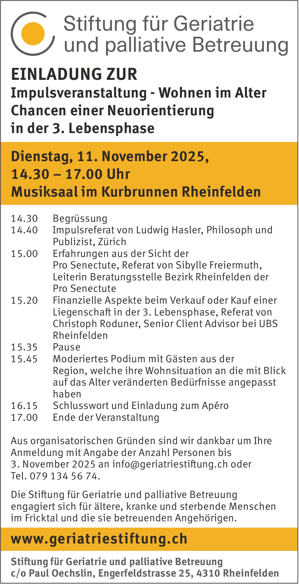 Wohnen im Alter, 11. November, Musiksaal im Kurbrunnen Rheinfelden