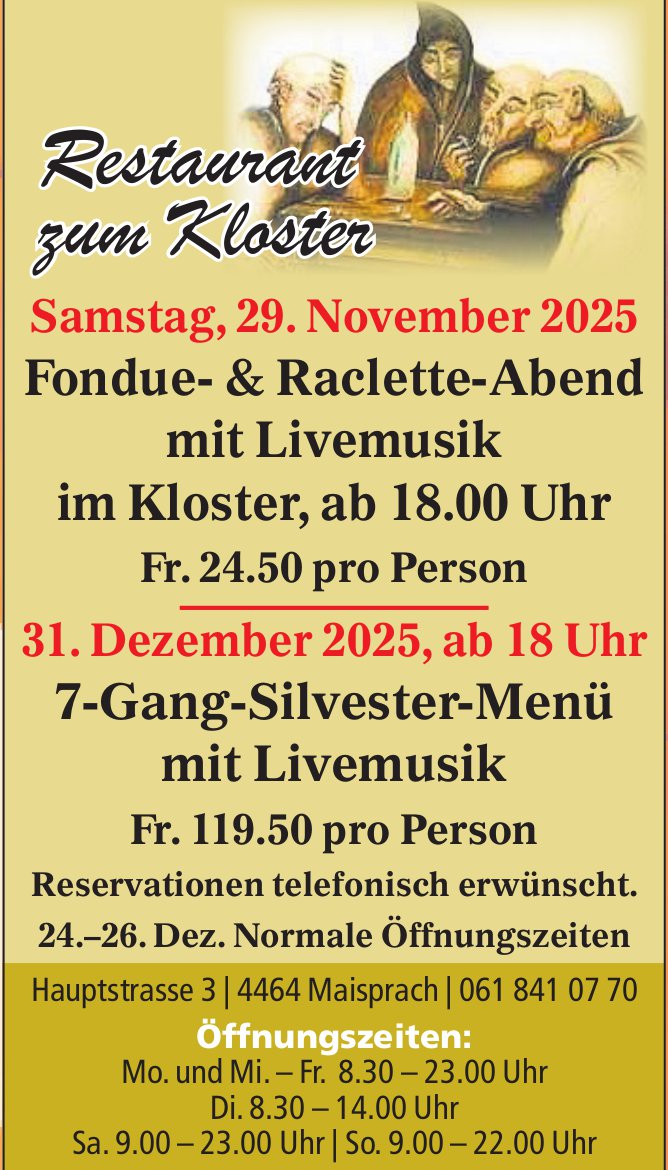 Restaurant zum Kloster, Maisprach - Fondue- & Raclette-Abend mit Livemusik