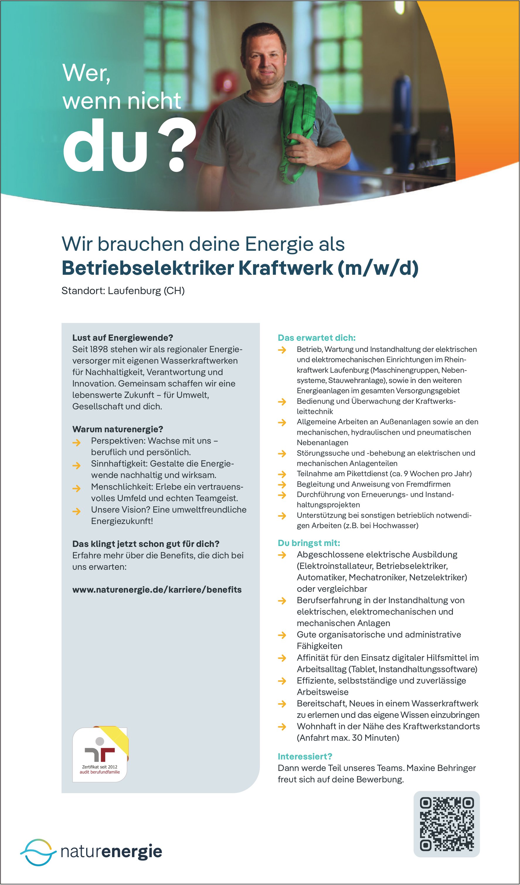 Wir brauchen deine Energie als Betriebselektriker Kraftwerk (m/w/d), Naturenergie, Laufenburg, gesucht
