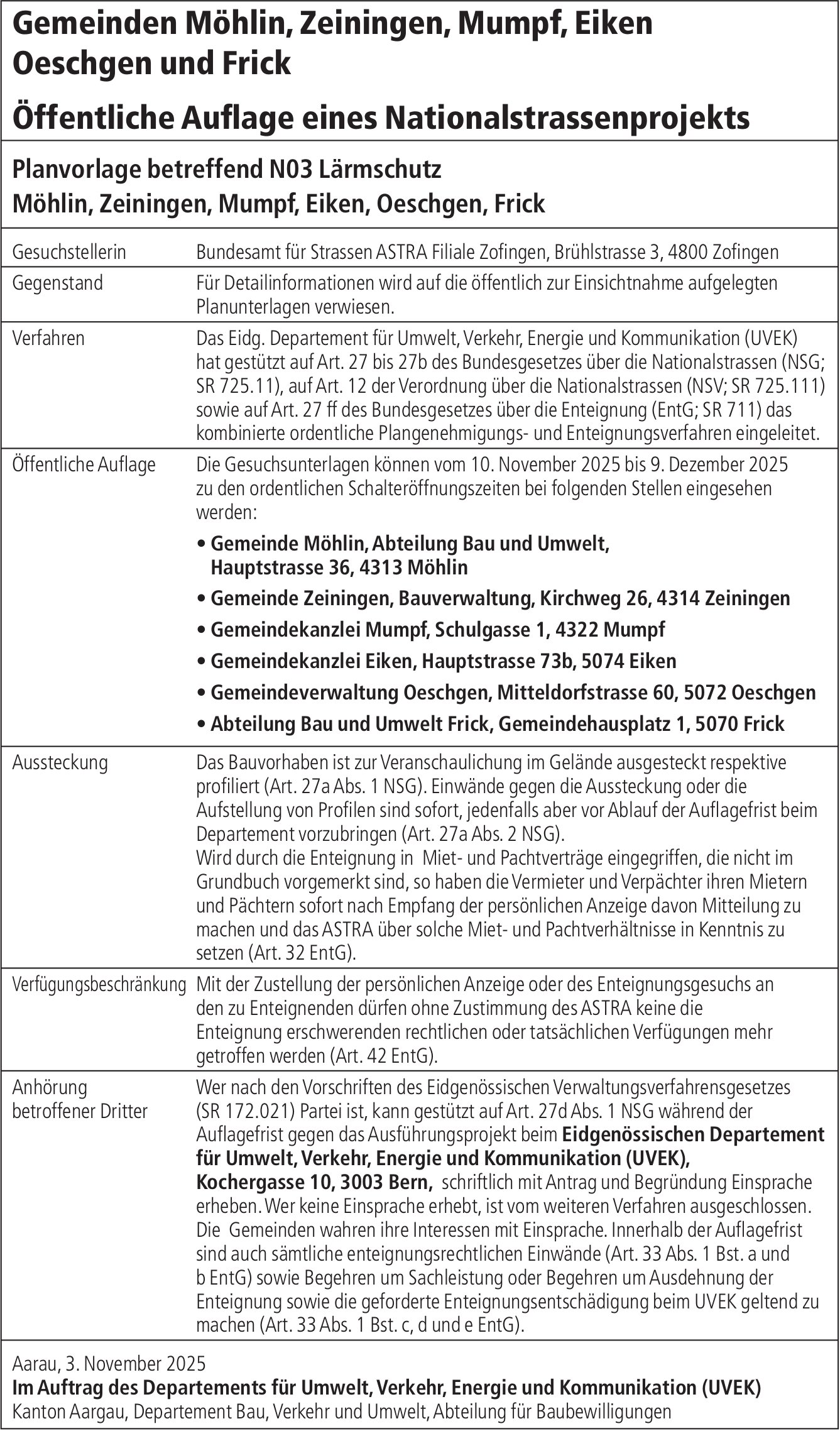KANTON AARGAU, Gemeinden Möhlin, Zeiningen,  Mumpf,  Eiken,  Oeschgen und Frick: Öffentliche Auflage eines Nationalstrassenprojekts