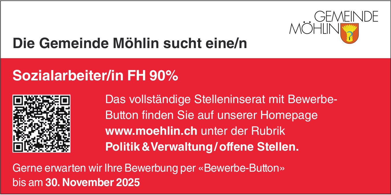 Sozialarbeiter/in FH 90%, Gemeinde Möhlin, gesucht