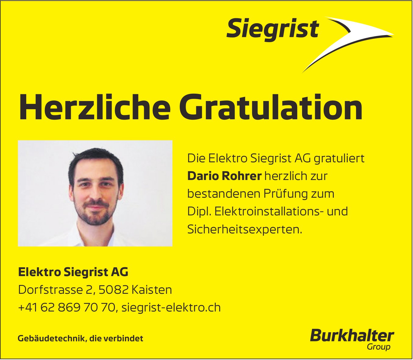 Elektro Siegrist AG, Kaisten - Herzliche Gratulation Dario Rohrer