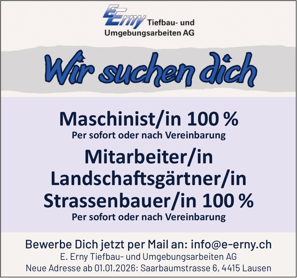 Maschinist/in 100 % Mitarbeiter/in Landschaftsgärtner/in Strassenbauer/in 100 %, Umgebungsarbeiten AG, Lausen, gesucht