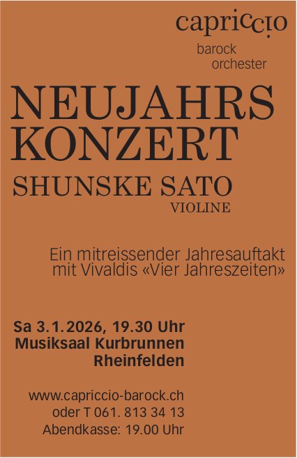 NEUJAHRS KONZERT SHUNSKE SATO, 3. Januar, Musiksaal Kurbrunnen, Rheinfelden