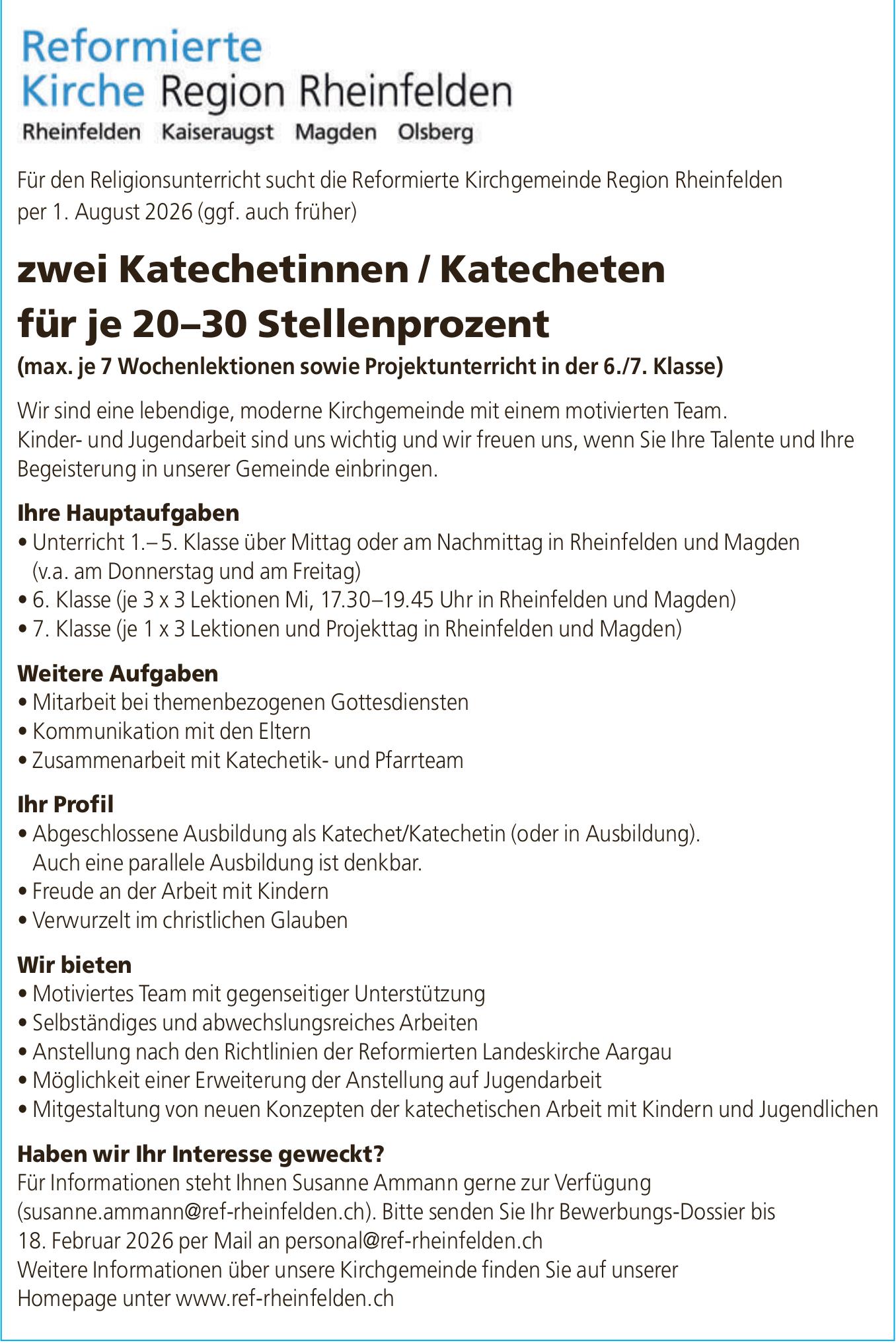 Zwei Katechetinnen/Katecheten für je 20–30 Stellenprozent, Reformierte Kirche Region Rheinfelden, gesucht