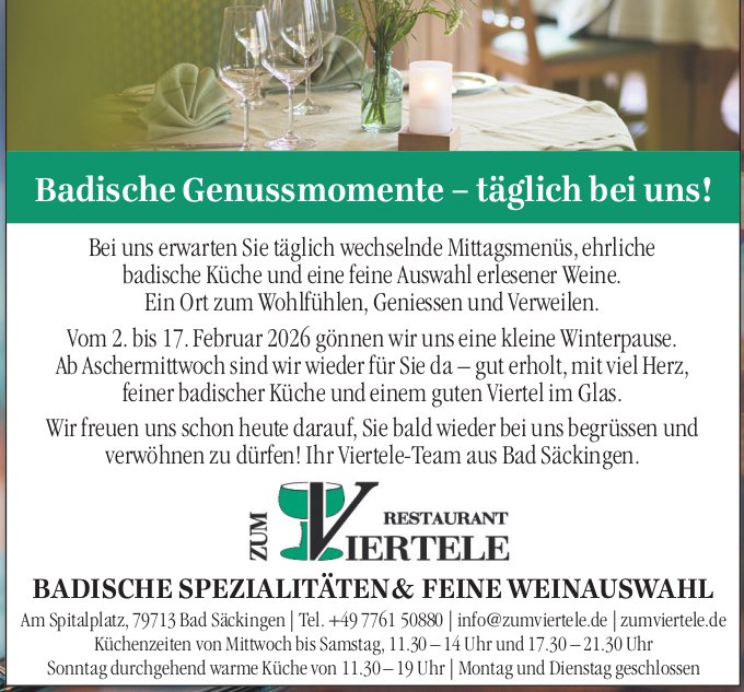 Restaurant Zum Viertele, Bad Säckingen - Badische Genussmomente – täglich bei uns!