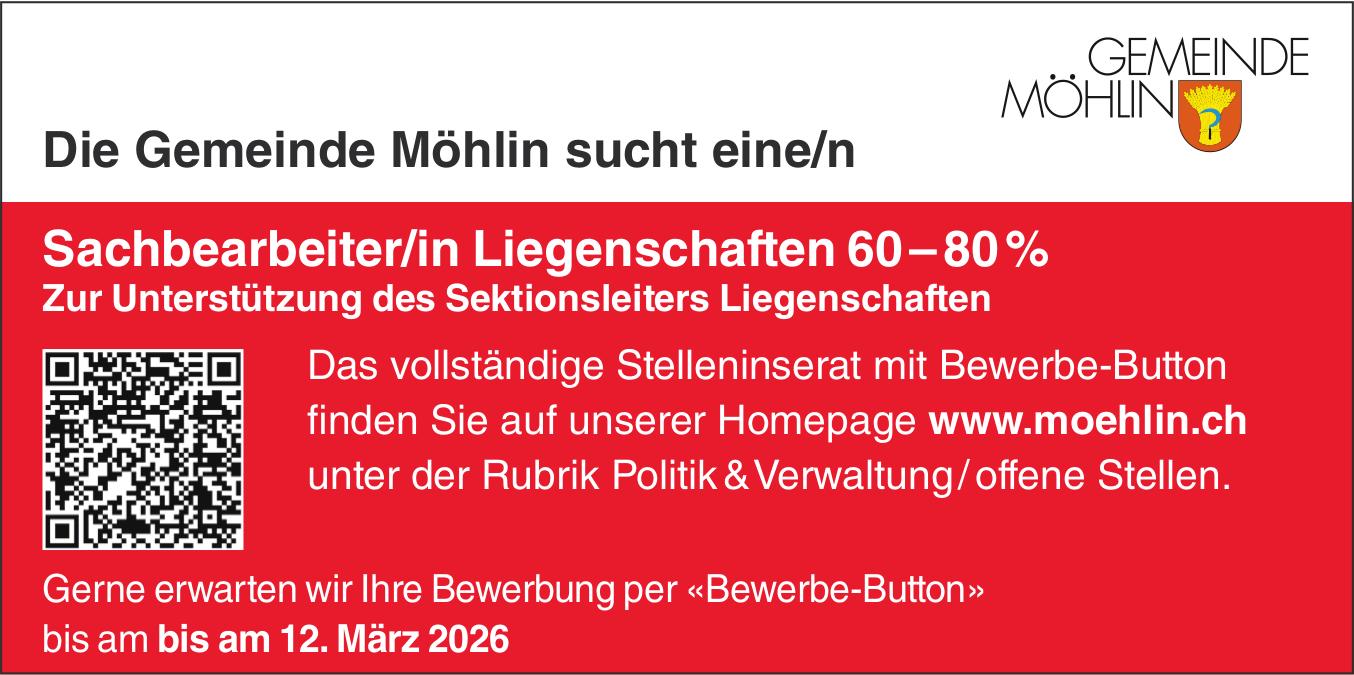 Sachbearbeiter/in Liegenschaften 60–80 %, Gemeinde Möhlin, Gesucht